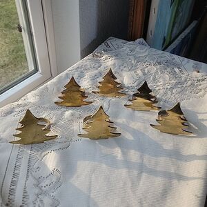 Vtg Christmas Pine Tree Napkin Rings Set of 6 Solid Brass Festive Table Decor